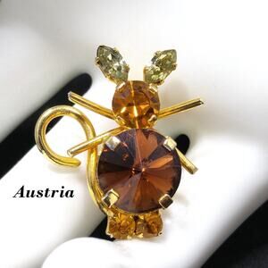 Vintage Austria Crystal Mouse Brooch, 1 Inch Figural Topaz & Citrine Rhinestones